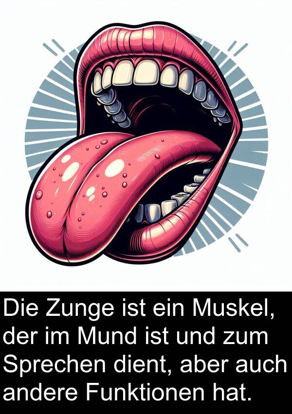 Funktionen: Die Zunge ist ein Muskel, der im Mund ist und zum Sprechen dient, aber auch andere Funktionen hat.