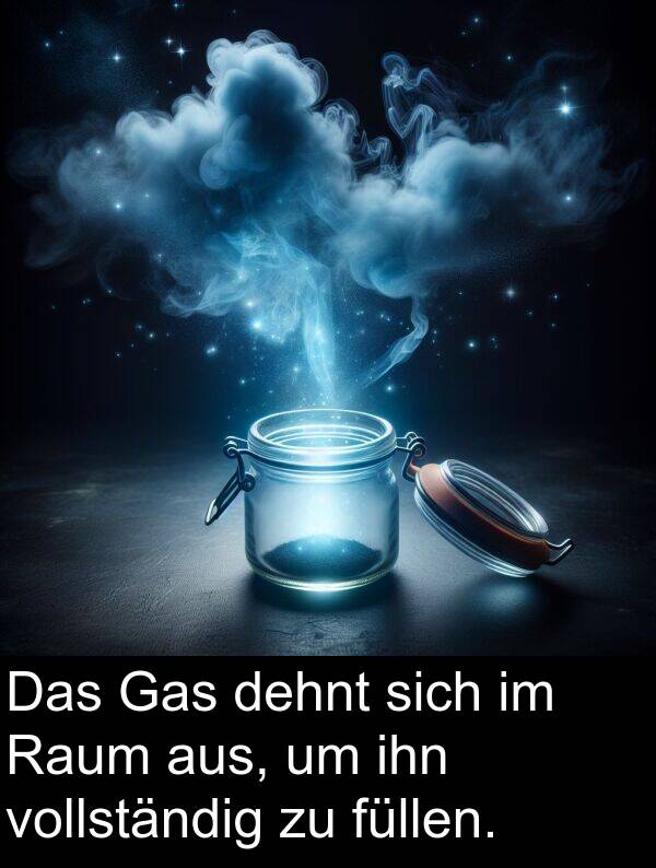 dehnt: Das Gas dehnt sich im Raum aus, um ihn vollständig zu füllen.