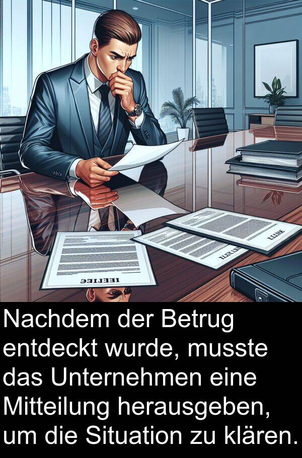 Situation: Nachdem der Betrug entdeckt wurde, musste das Unternehmen eine Mitteilung herausgeben, um die Situation zu klären.