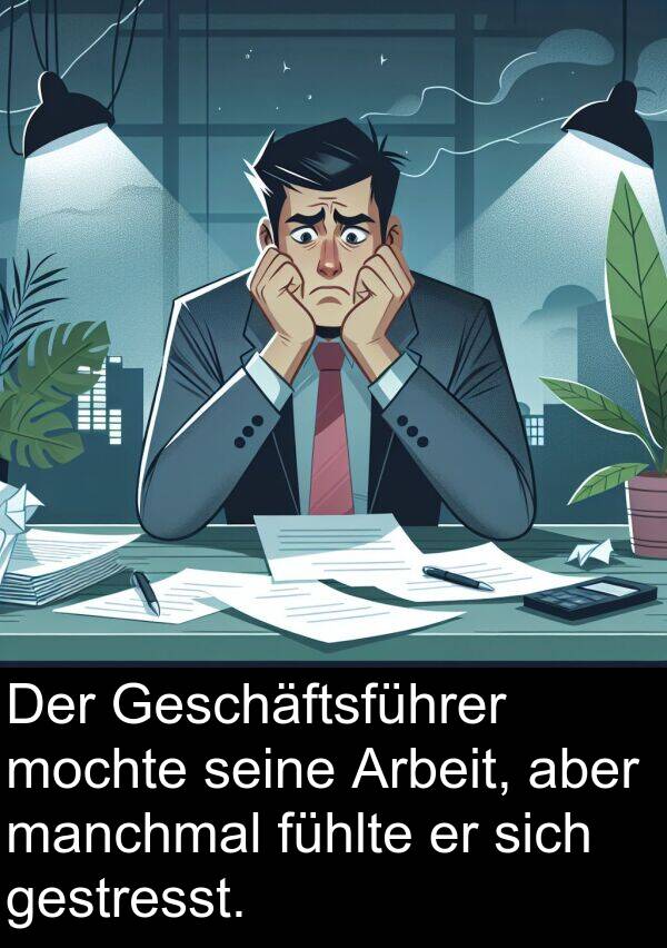 fühlte: Der Geschäftsführer mochte seine Arbeit, aber manchmal fühlte er sich gestresst.