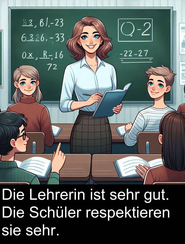 respektieren: Die Lehrerin ist sehr gut. Die Schüler respektieren sie sehr.