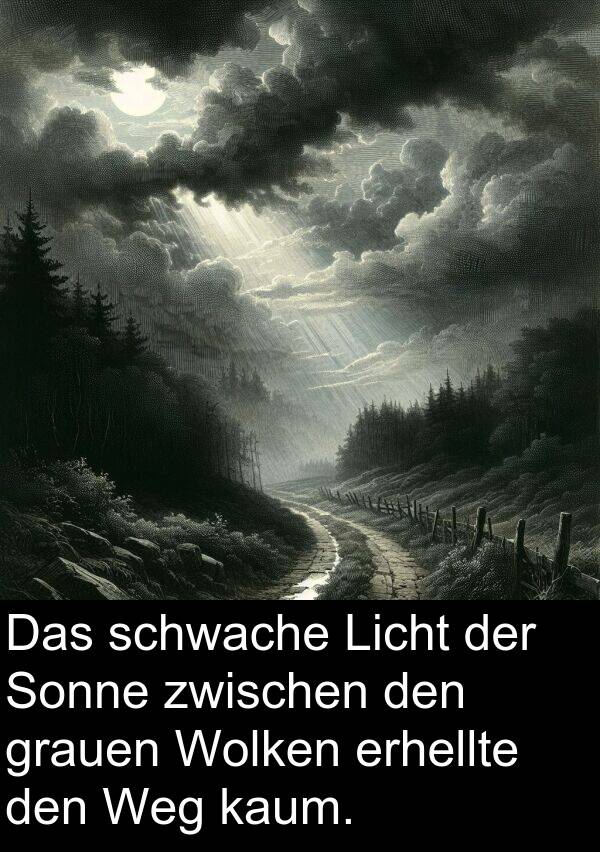 Wolken: Das schwache Licht der Sonne zwischen den grauen Wolken erhellte den Weg kaum.