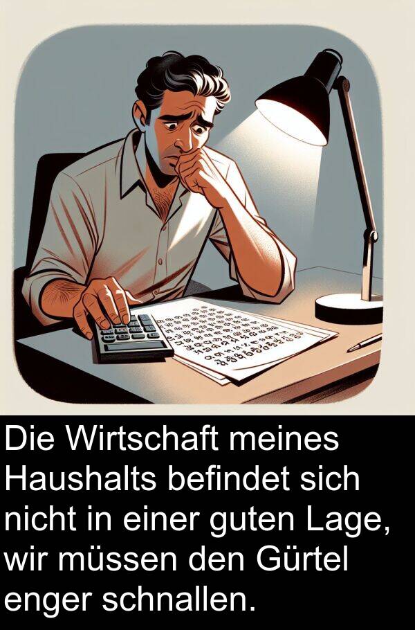 Wirtschaft: Die Wirtschaft meines Haushalts befindet sich nicht in einer guten Lage, wir müssen den Gürtel enger schnallen.