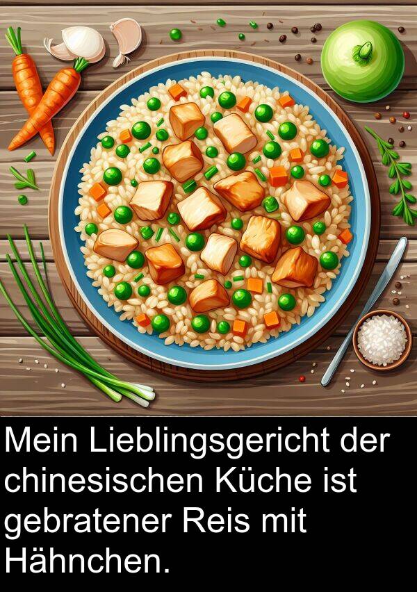 Lieblingsgericht: Mein Lieblingsgericht der chinesischen Küche ist gebratener Reis mit Hähnchen.
