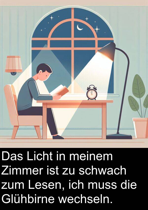 muss: Das Licht in meinem Zimmer ist zu schwach zum Lesen, ich muss die Glühbirne wechseln.