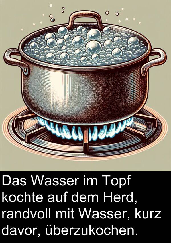 davor: Das Wasser im Topf kochte auf dem Herd, randvoll mit Wasser, kurz davor, überzukochen.
