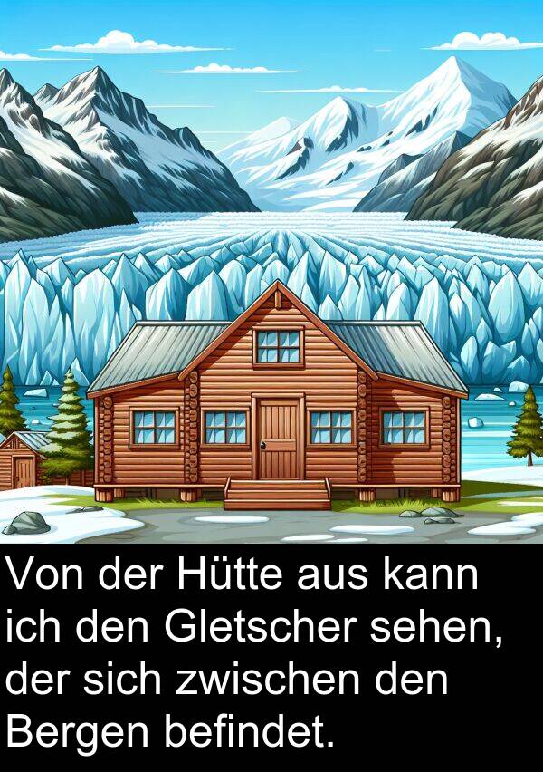 Hütte: Von der Hütte aus kann ich den Gletscher sehen, der sich zwischen den Bergen befindet.