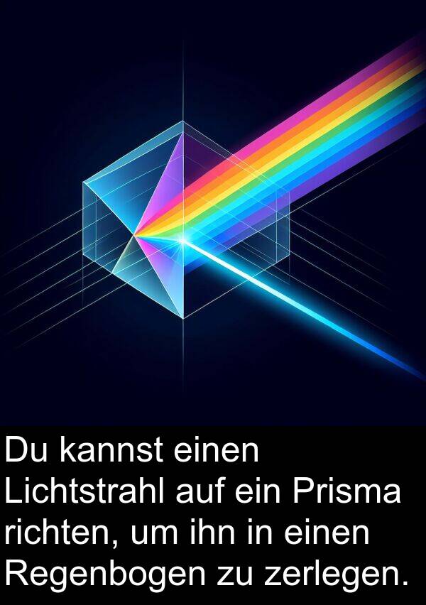 richten: Du kannst einen Lichtstrahl auf ein Prisma richten, um ihn in einen Regenbogen zu zerlegen.