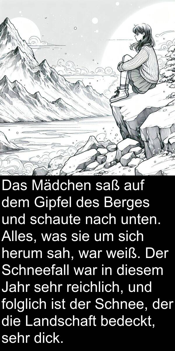 unten: Das Mädchen saß auf dem Gipfel des Berges und schaute nach unten. Alles, was sie um sich herum sah, war weiß. Der Schneefall war in diesem Jahr sehr reichlich, und folglich ist der Schnee, der die Landschaft bedeckt, sehr dick.