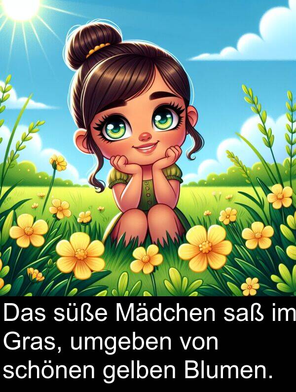 süße: Das süße Mädchen saß im Gras, umgeben von schönen gelben Blumen.