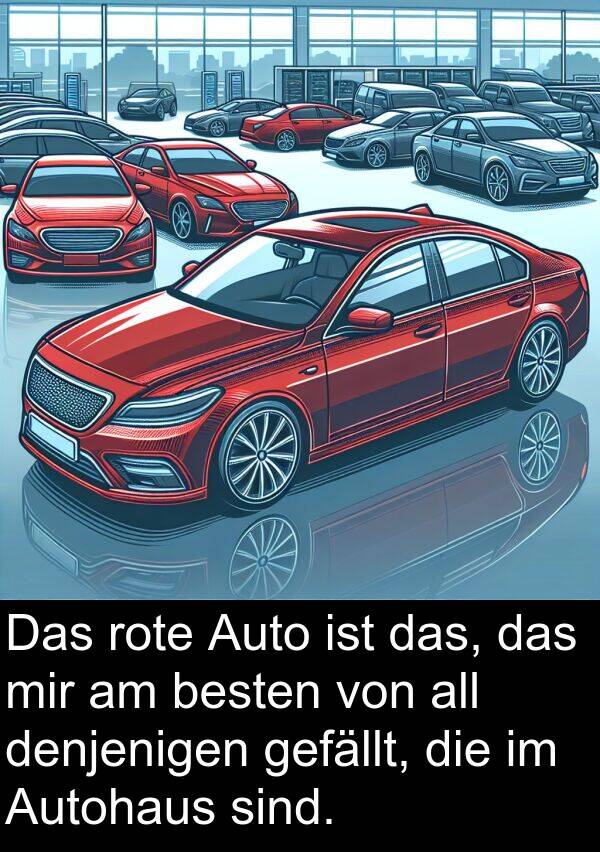 Autohaus: Das rote Auto ist das, das mir am besten von all denjenigen gefällt, die im Autohaus sind.