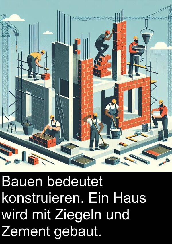 Zement: Bauen bedeutet konstruieren. Ein Haus wird mit Ziegeln und Zement gebaut.