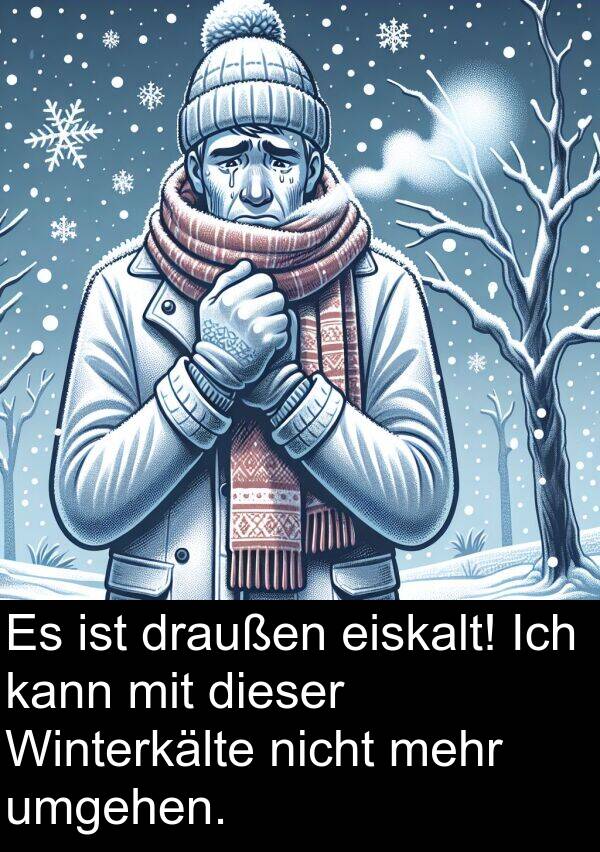 draußen: Es ist draußen eiskalt! Ich kann mit dieser Winterkälte nicht mehr umgehen.