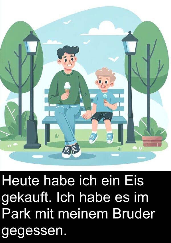 Eis: Heute habe ich ein Eis gekauft. Ich habe es im Park mit meinem Bruder gegessen.