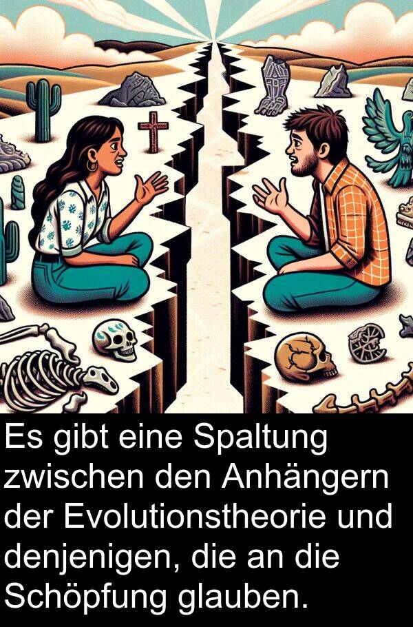 denjenigen: Es gibt eine Spaltung zwischen den Anhängern der Evolutionstheorie und denjenigen, die an die Schöpfung glauben.