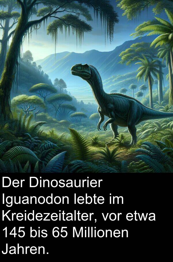 Jahren: Der Dinosaurier Iguanodon lebte im Kreidezeitalter, vor etwa 145 bis 65 Millionen Jahren.