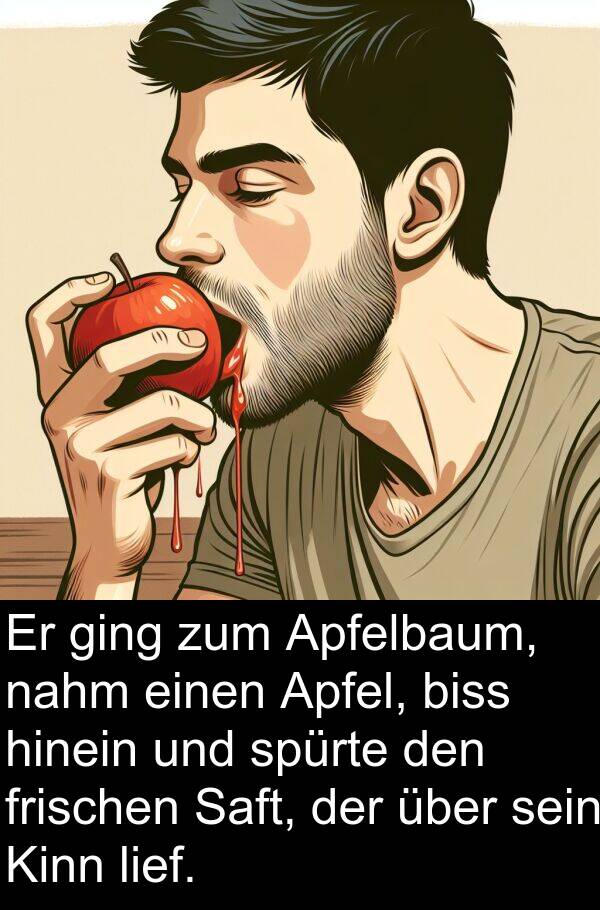 Apfelbaum: Er ging zum Apfelbaum, nahm einen Apfel, biss hinein und spürte den frischen Saft, der über sein Kinn lief.