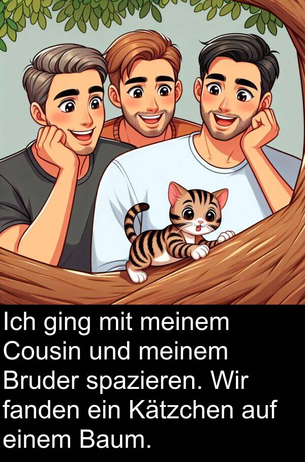 fanden: Ich ging mit meinem Cousin und meinem Bruder spazieren. Wir fanden ein Kätzchen auf einem Baum.