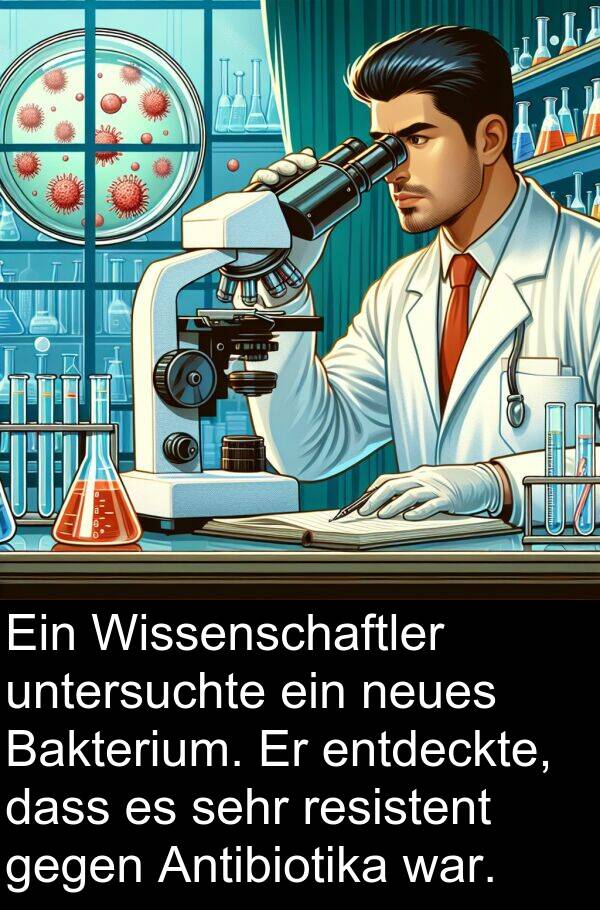 resistent: Ein Wissenschaftler untersuchte ein neues Bakterium. Er entdeckte, dass es sehr resistent gegen Antibiotika war.