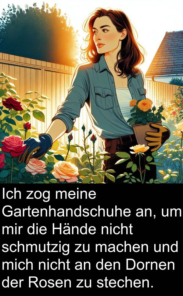 Hände: Ich zog meine Gartenhandschuhe an, um mir die Hände nicht schmutzig zu machen und mich nicht an den Dornen der Rosen zu stechen.