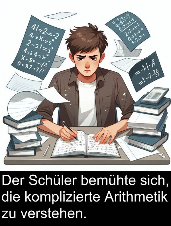 Arithmetik: Der Schüler bemühte sich, die komplizierte Arithmetik zu verstehen.