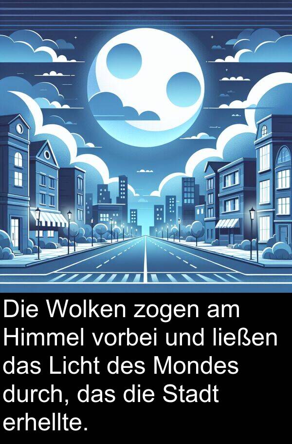 Wolken: Die Wolken zogen am Himmel vorbei und ließen das Licht des Mondes durch, das die Stadt erhellte.