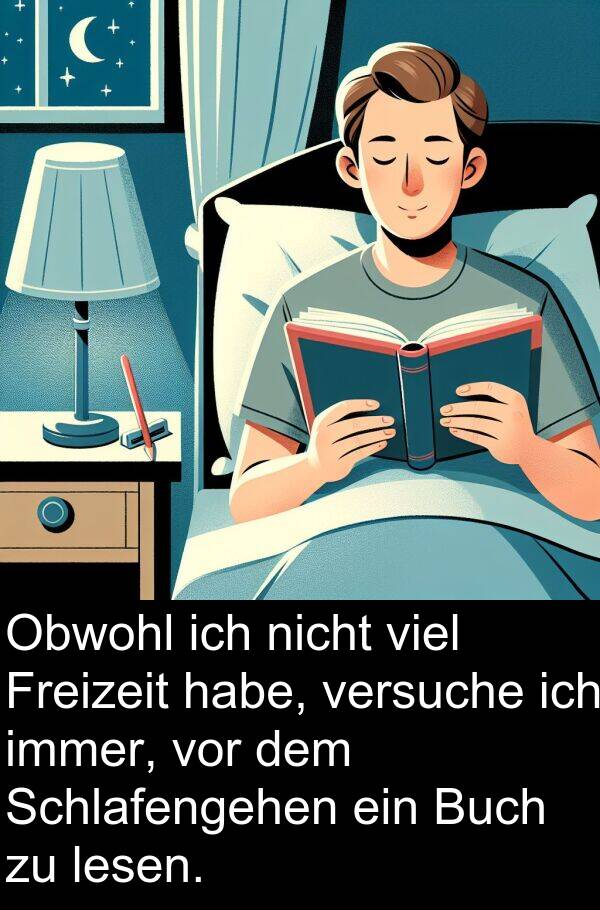viel: Obwohl ich nicht viel Freizeit habe, versuche ich immer, vor dem Schlafengehen ein Buch zu lesen.