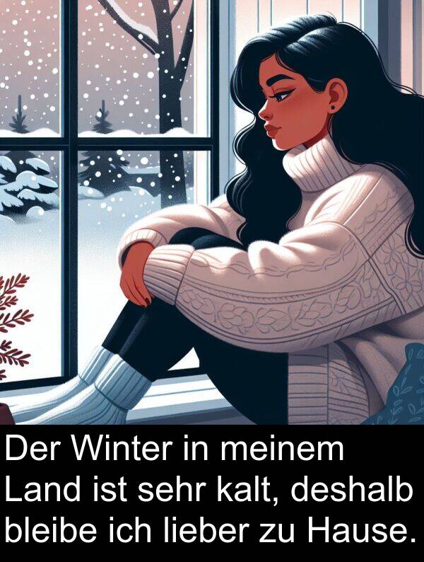 deshalb: Der Winter in meinem Land ist sehr kalt, deshalb bleibe ich lieber zu Hause.