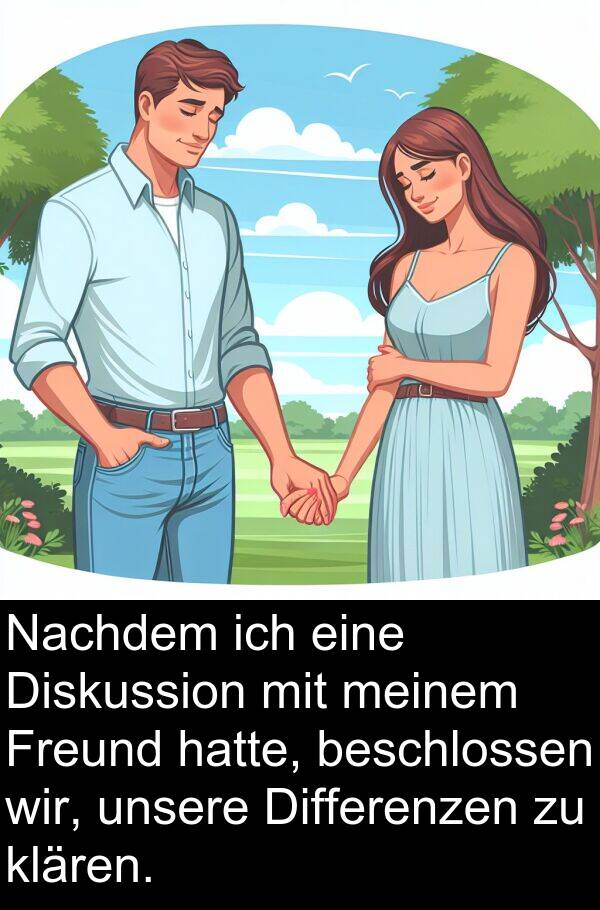 Diskussion: Nachdem ich eine Diskussion mit meinem Freund hatte, beschlossen wir, unsere Differenzen zu klären.