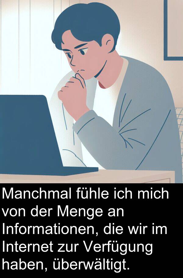 fühle: Manchmal fühle ich mich von der Menge an Informationen, die wir im Internet zur Verfügung haben, überwältigt.