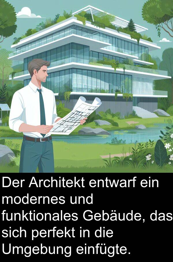 funktionales: Der Architekt entwarf ein modernes und funktionales Gebäude, das sich perfekt in die Umgebung einfügte.