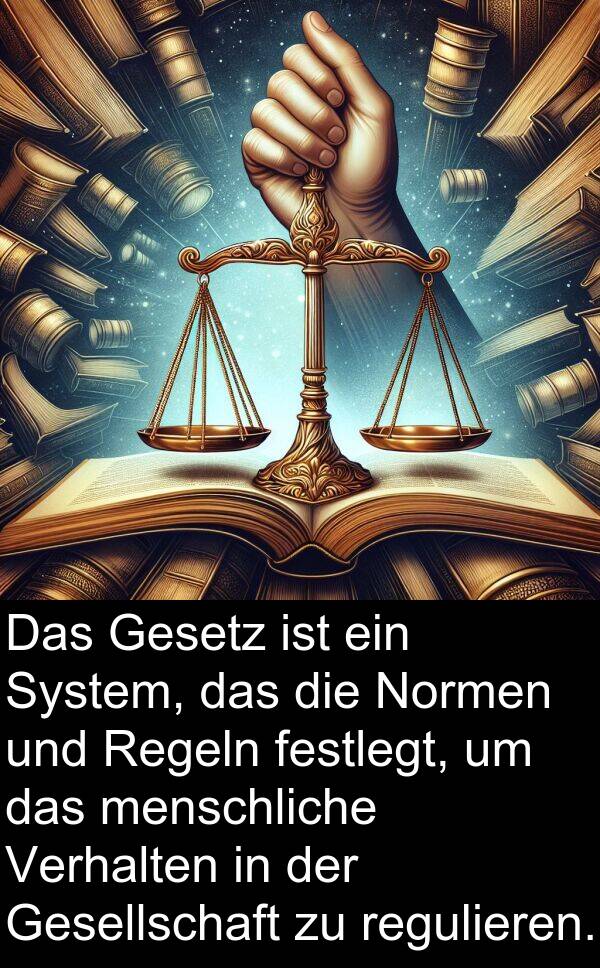 festlegt: Das Gesetz ist ein System, das die Normen und Regeln festlegt, um das menschliche Verhalten in der Gesellschaft zu regulieren.