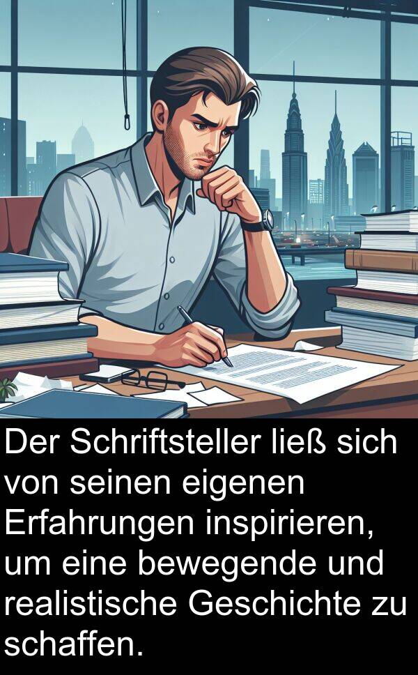 realistische: Der Schriftsteller ließ sich von seinen eigenen Erfahrungen inspirieren, um eine bewegende und realistische Geschichte zu schaffen.