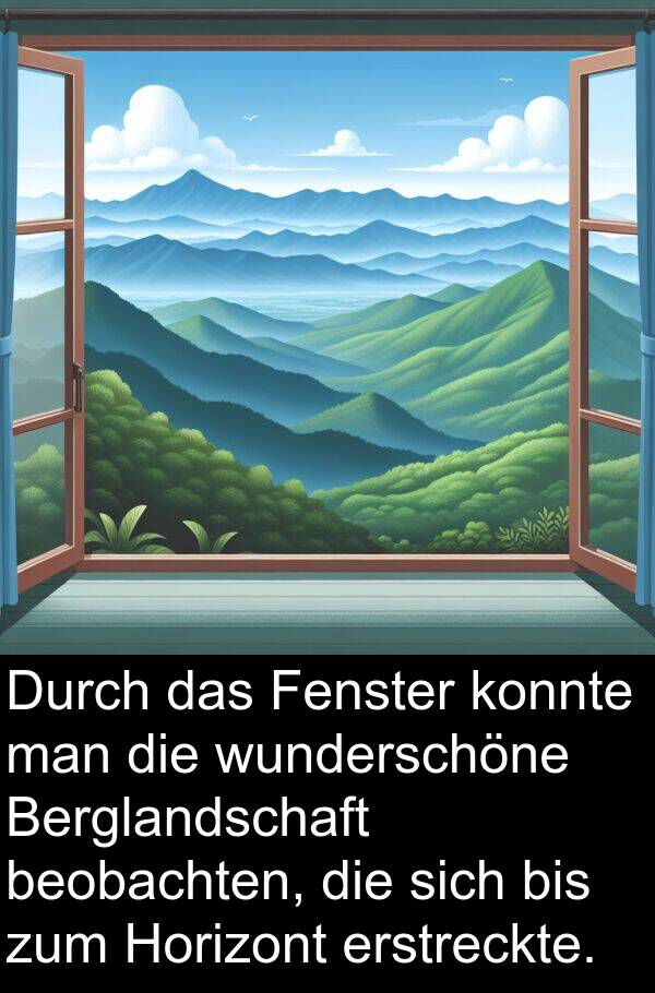 Fenster: Durch das Fenster konnte man die wunderschöne Berglandschaft beobachten, die sich bis zum Horizont erstreckte.