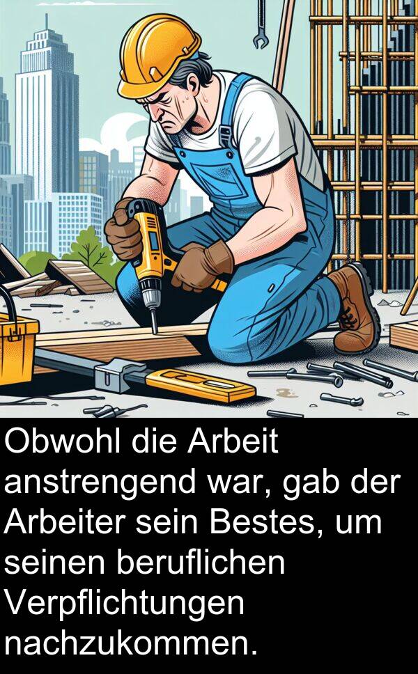 nachzukommen: Obwohl die Arbeit anstrengend war, gab der Arbeiter sein Bestes, um seinen beruflichen Verpflichtungen nachzukommen.