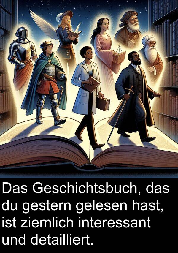 detailliert: Das Geschichtsbuch, das du gestern gelesen hast, ist ziemlich interessant und detailliert.
