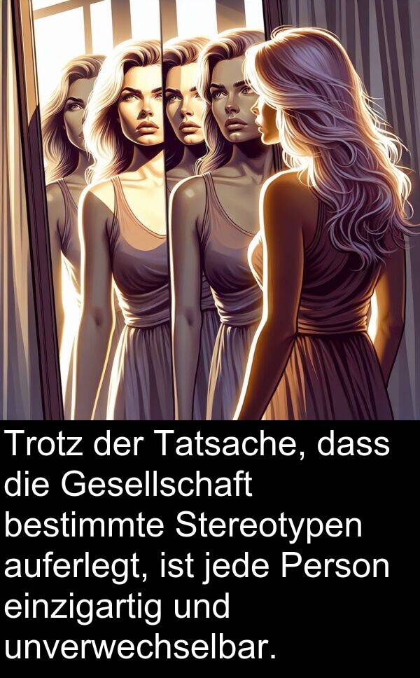 jede: Trotz der Tatsache, dass die Gesellschaft bestimmte Stereotypen auferlegt, ist jede Person einzigartig und unverwechselbar.