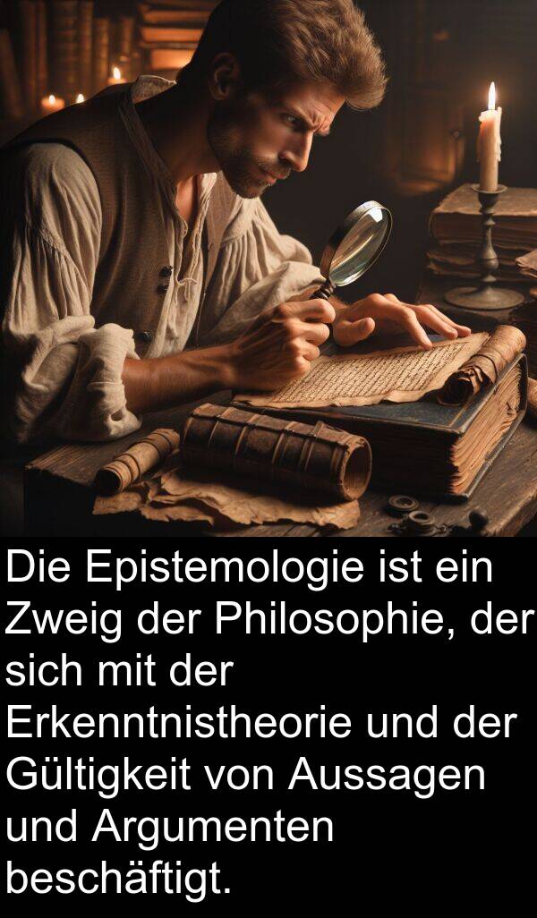Argumenten: Die Epistemologie ist ein Zweig der Philosophie, der sich mit der Erkenntnistheorie und der Gültigkeit von Aussagen und Argumenten beschäftigt.