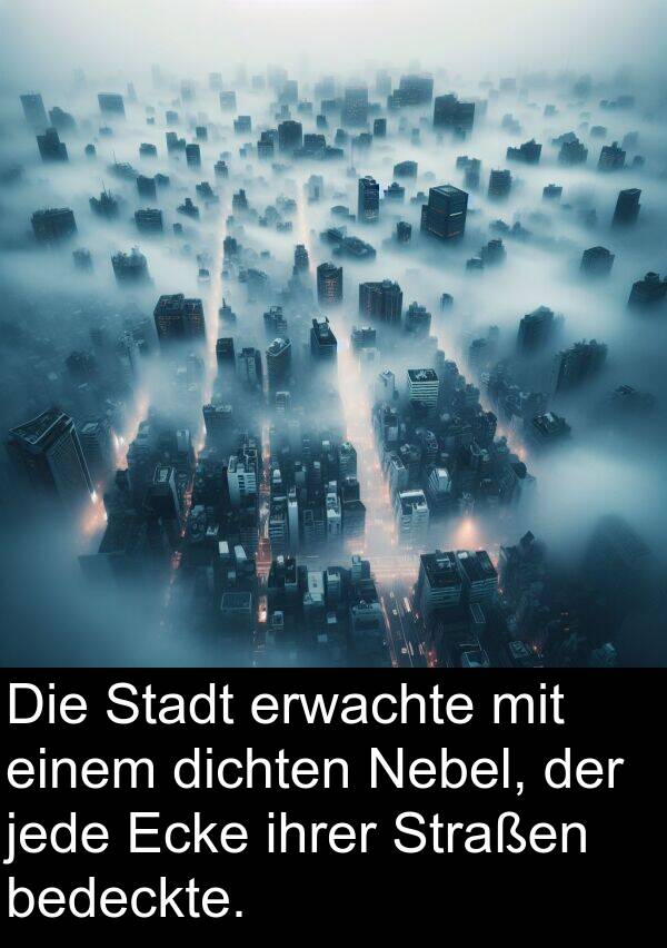 jede: Die Stadt erwachte mit einem dichten Nebel, der jede Ecke ihrer Straßen bedeckte.