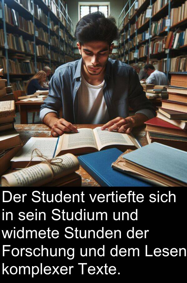 widmete: Der Student vertiefte sich in sein Studium und widmete Stunden der Forschung und dem Lesen komplexer Texte.