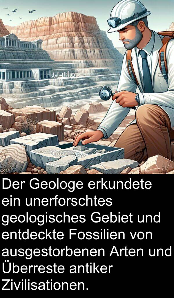 antiker: Der Geologe erkundete ein unerforschtes geologisches Gebiet und entdeckte Fossilien von ausgestorbenen Arten und Überreste antiker Zivilisationen.