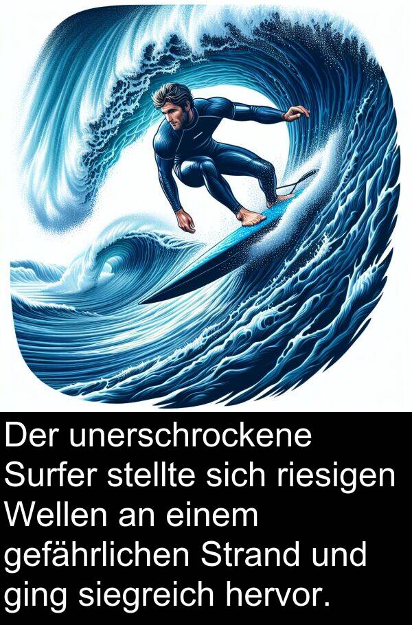 riesigen: Der unerschrockene Surfer stellte sich riesigen Wellen an einem gefährlichen Strand und ging siegreich hervor.