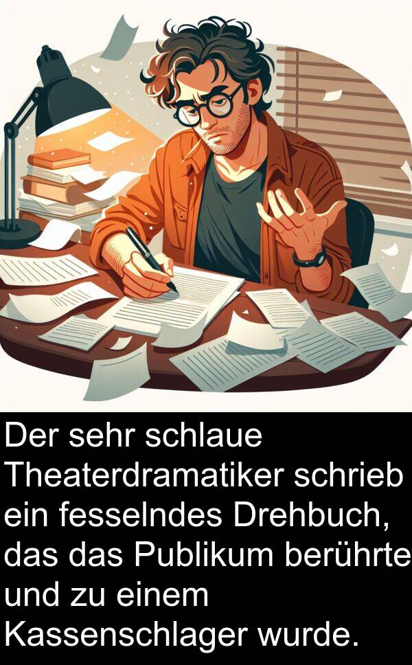 Drehbuch: Der sehr schlaue Theaterdramatiker schrieb ein fesselndes Drehbuch, das das Publikum berührte und zu einem Kassenschlager wurde.