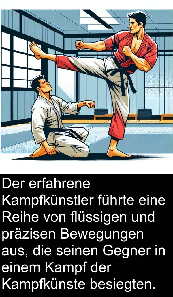 führte: Der erfahrene Kampfkünstler führte eine Reihe von flüssigen und präzisen Bewegungen aus, die seinen Gegner in einem Kampf der Kampfkünste besiegten.