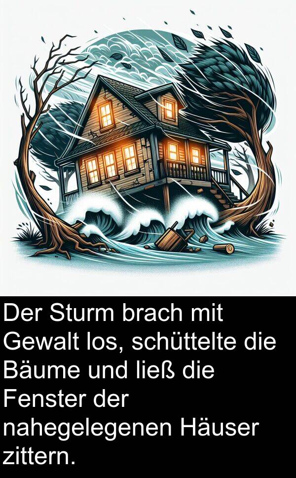 Fenster: Der Sturm brach mit Gewalt los, schüttelte die Bäume und ließ die Fenster der nahegelegenen Häuser zittern.
