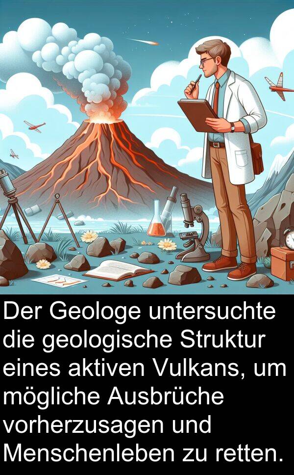 retten: Der Geologe untersuchte die geologische Struktur eines aktiven Vulkans, um mögliche Ausbrüche vorherzusagen und Menschenleben zu retten.