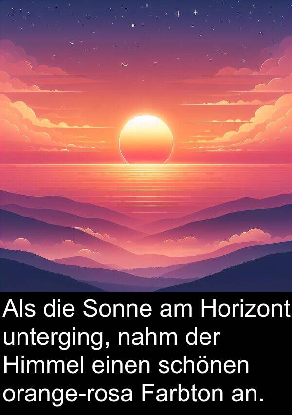 Farbton: Als die Sonne am Horizont unterging, nahm der Himmel einen schönen orange-rosa Farbton an.