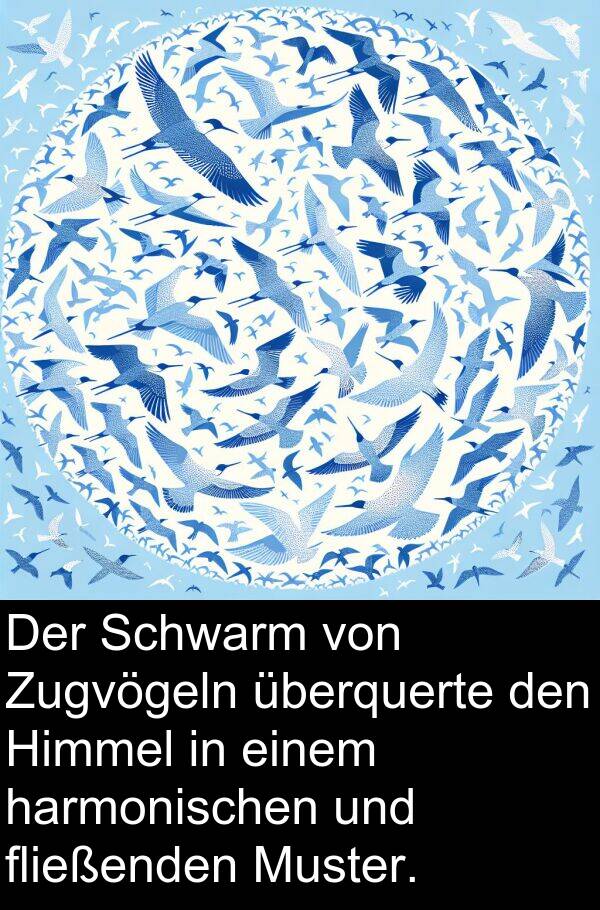 überquerte: Der Schwarm von Zugvögeln überquerte den Himmel in einem harmonischen und fließenden Muster.