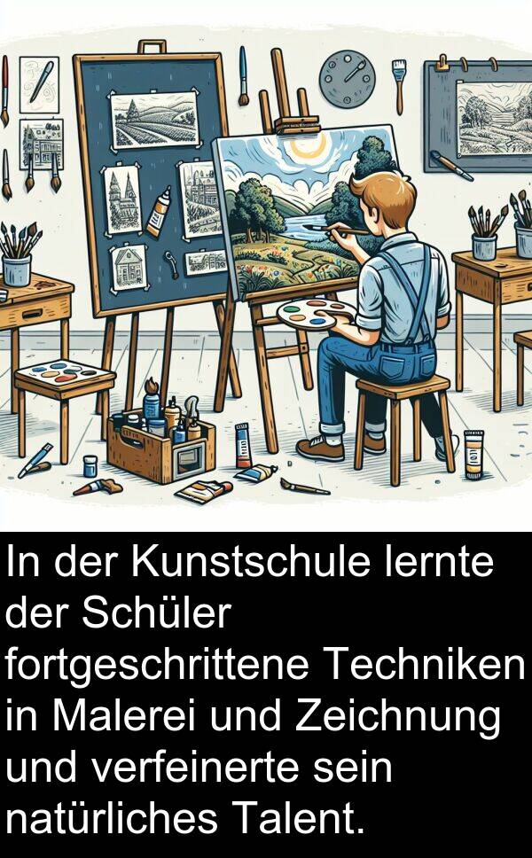 Talent: In der Kunstschule lernte der Schüler fortgeschrittene Techniken in Malerei und Zeichnung und verfeinerte sein natürliches Talent.