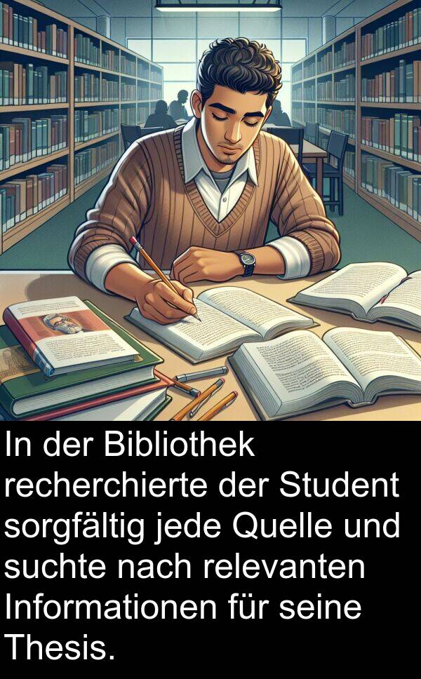 jede: In der Bibliothek recherchierte der Student sorgfältig jede Quelle und suchte nach relevanten Informationen für seine Thesis.